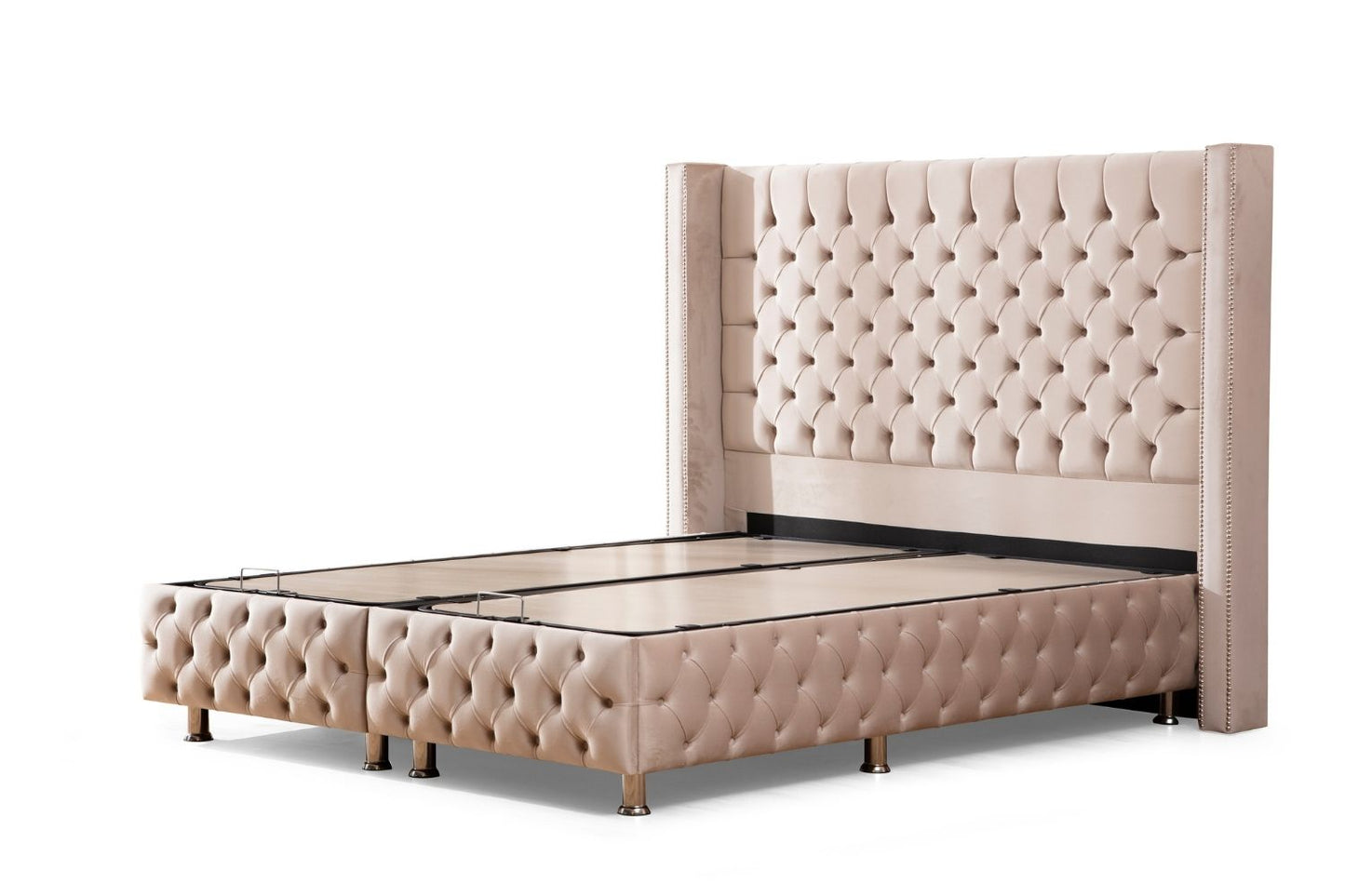 Lit Coffre CLOUTE BEIGE - Velours capitonné