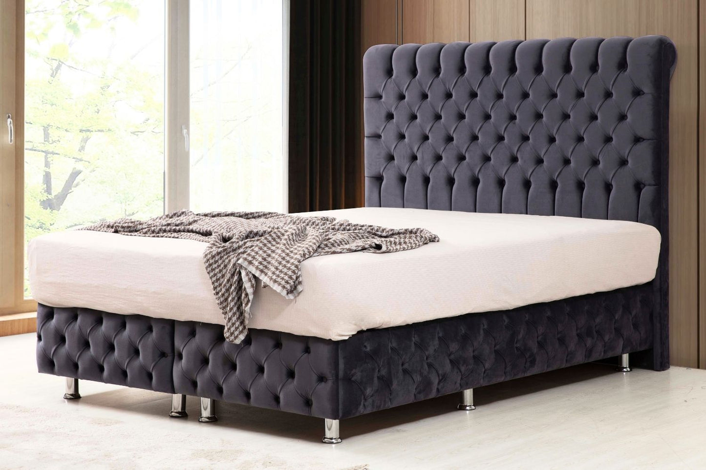Lit Coffre LUNA GRIS ANTHRACITE - Velours capitonné