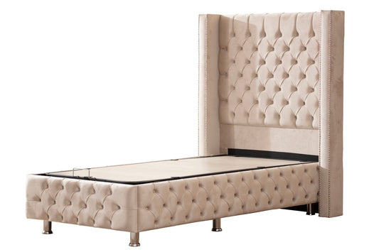 Lit Coffre Enfant CLOUTE BEIGE - Velours capitonné