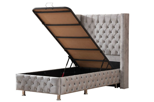 Lit Coffre Enfant CLOUTE GRIS - Velours capitonné