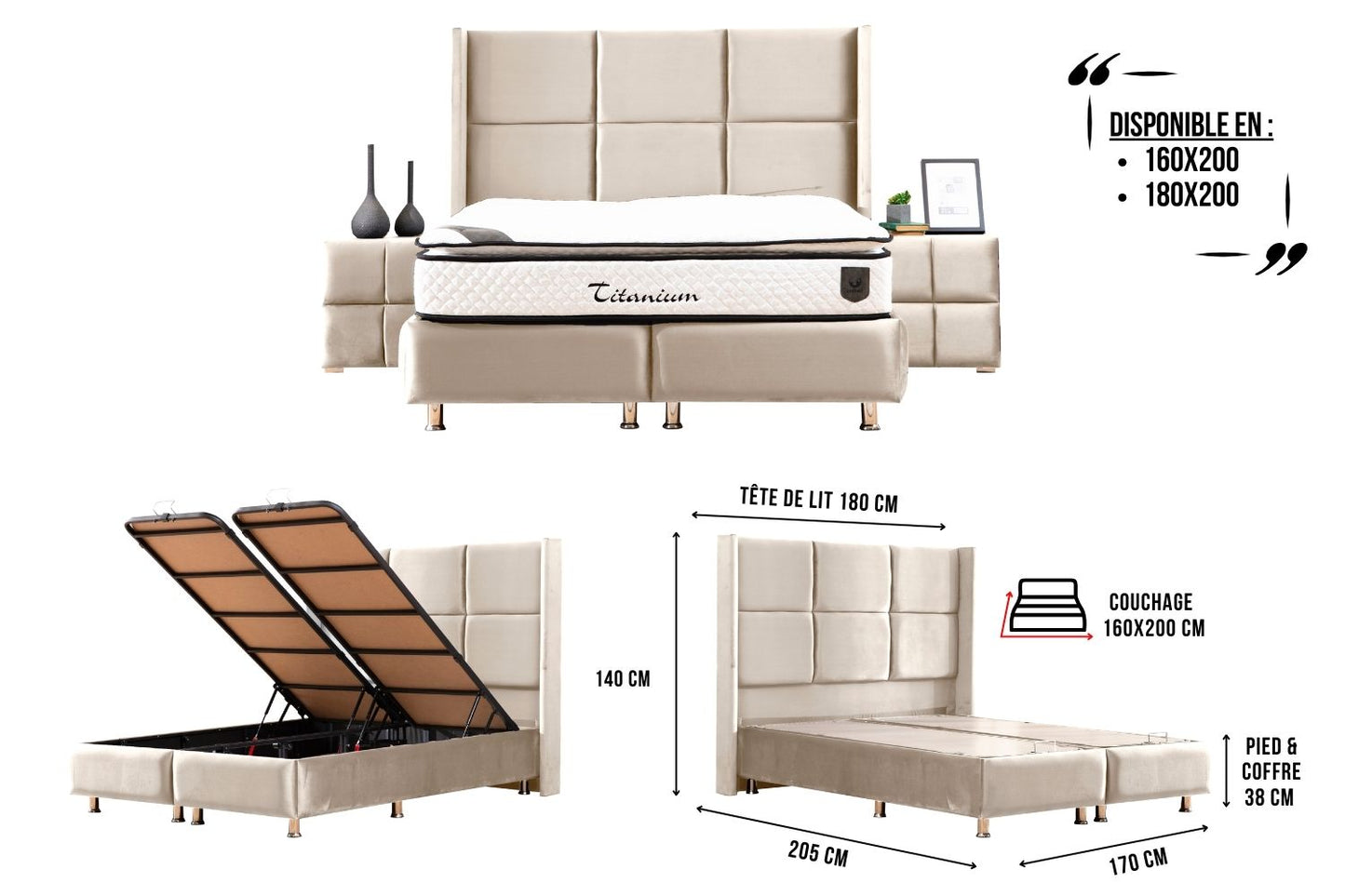 Lit Coffre RIO BEIGE - Velours