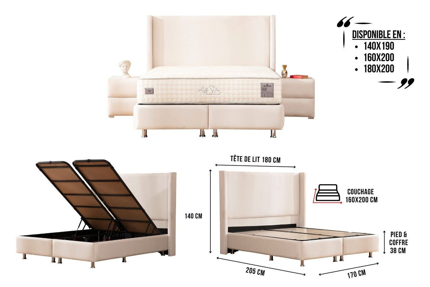 Lit Coffre COCO BLANC ECRU - Velours