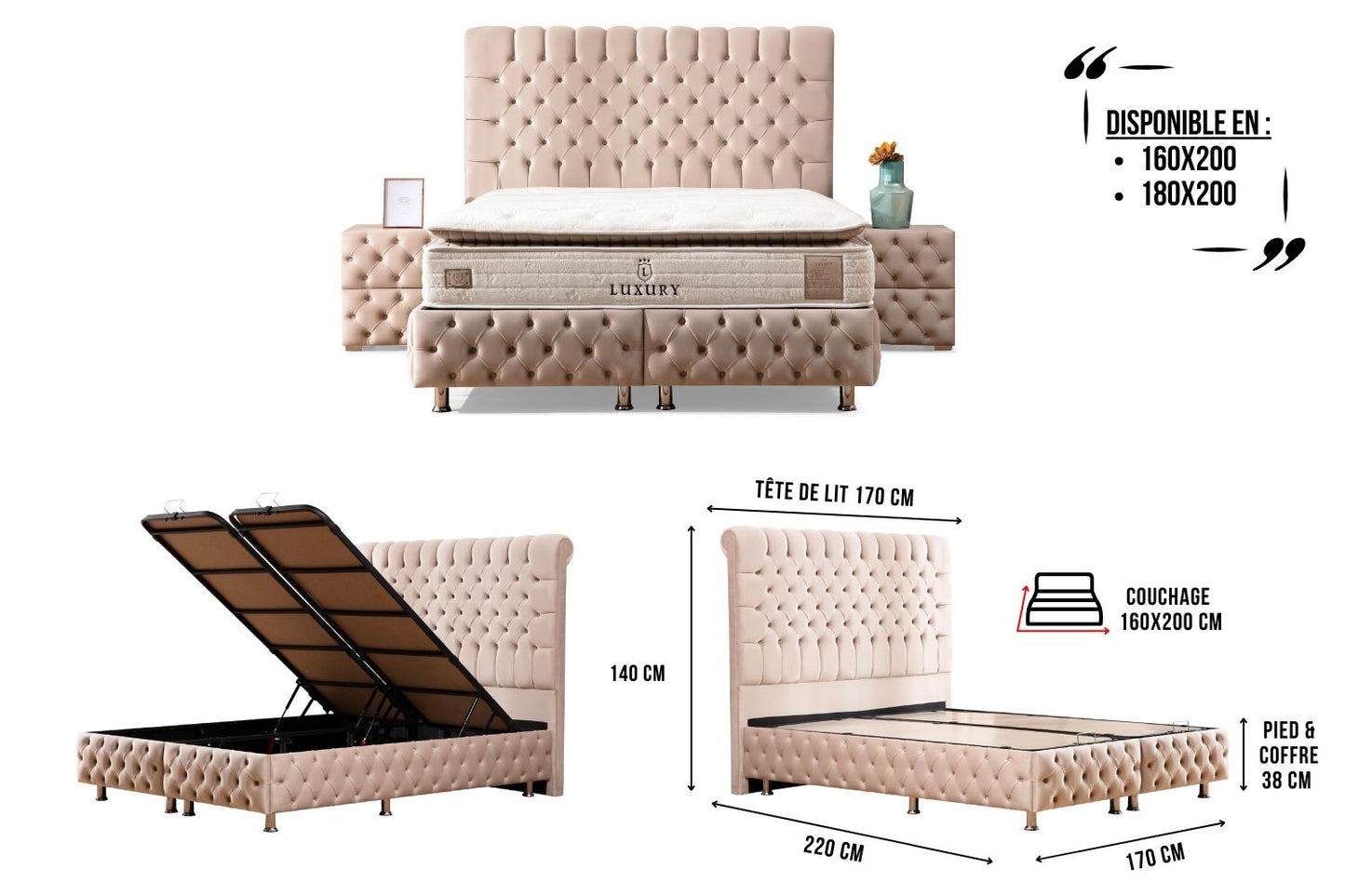 Lit Coffre LUNA BEIGE - Velours capitonné
