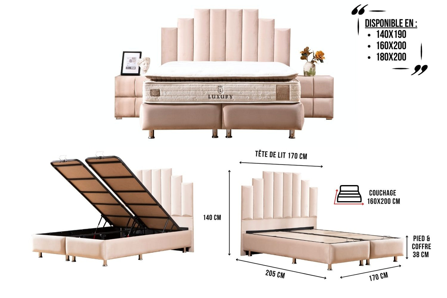 Lit Coffre NATURA BEIGE - Velours