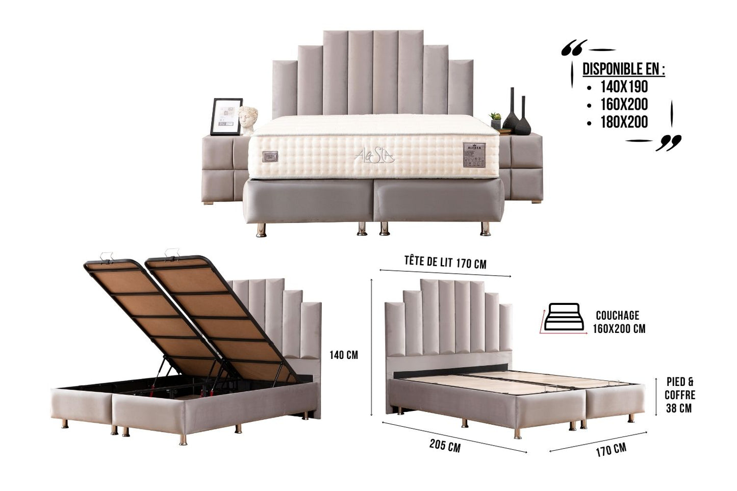 Lit Coffre NATURA GRIS - Velours