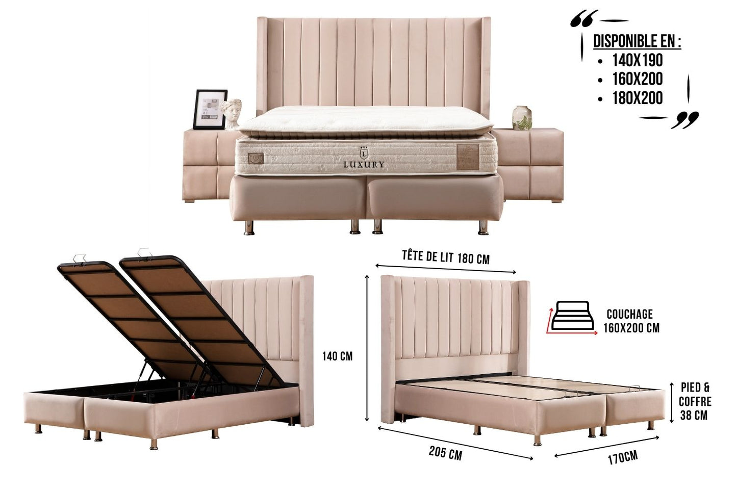 Lit Coffre CLOUTE BEIGE - Velours capitonné