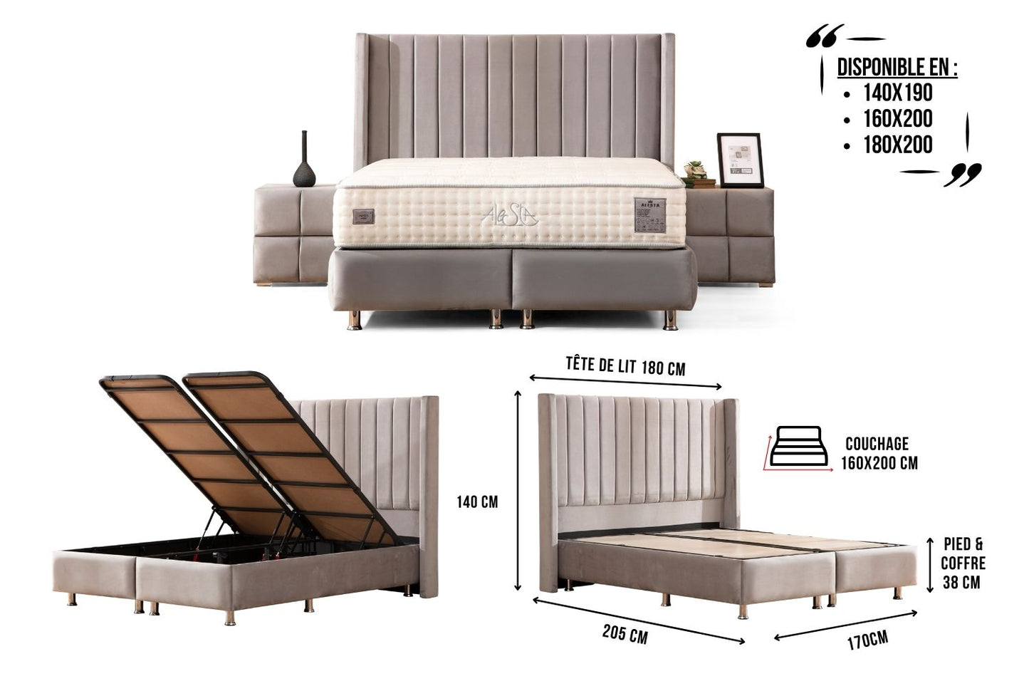 Lit Coffre TOKYO GRIS - Velours
