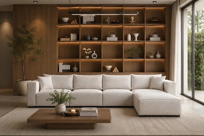 Canapé Elégance Chenille Modulable Blanc cassé 4+1 Pouf