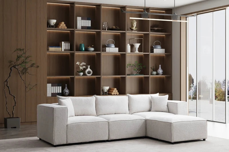 Canapé Elégance Chenille Modulable Blanc cassé 3+1 pouf